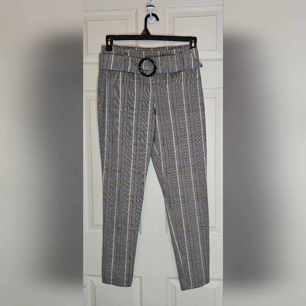 Versona Plaid Cropped Trousers w Belt | Neutral Luxury Workwear